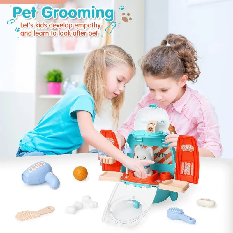 Pet Cat Dog Carrier Backpack Toy, 18PCS Pet Care Playset,Vet Clinic and Doctor Kit for Kids, Pet Veterinarian Medical Role Play
