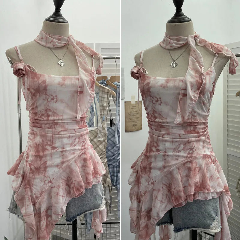 Women's Vintage Tie-dye Printed Mesh Spaghetti Strap Camisole Hot Girl Irregular Ruffled Ribbon Sleeveless Top Partyclub 1185