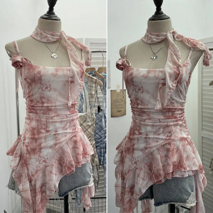 Women's Vintage Tie-dye Printed Mesh Spaghetti Strap Camisole Hot Girl Irregular Ruffled Ribbon Sleeveless Top Partyclub 1185