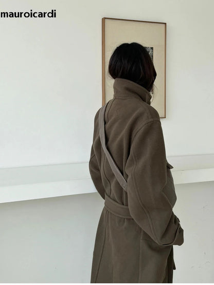 Mauroicardi Autumn Winter Oversized Long Warm Brown Wool Blends Coat Men Luxury Designer Unisex Clothes Woolen Overcoat 2024