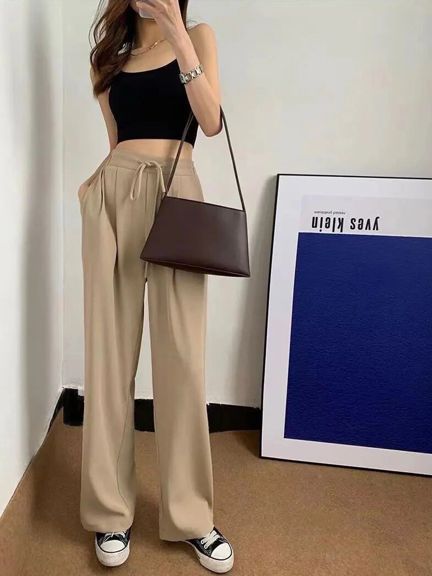 Ice Silk High Waist Wide Leg Pants Women Summer Loose Thin Straight Casual Trousers Korean Style Polyester Fiber Skin-friendl...