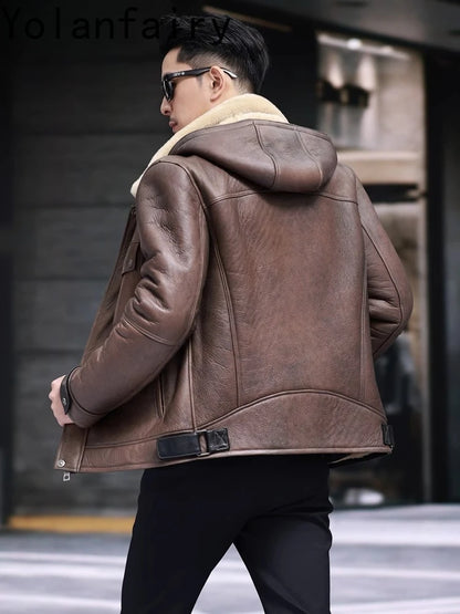 YOLANFAIRY Luxury 2025 Winter Natural Fur Coat Man Real Sheepskin Leather Jacket Men Detachable Hood Warm Wool Fur Coats Jackets