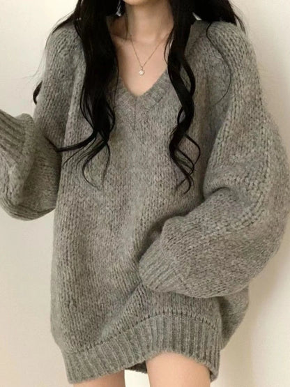 plus Size Lazy Style V-Neck Soft Cozy Knitted Sweater Women's Autumn Winter Loose Small Figure Top Retro Style Loose Fit Knit...