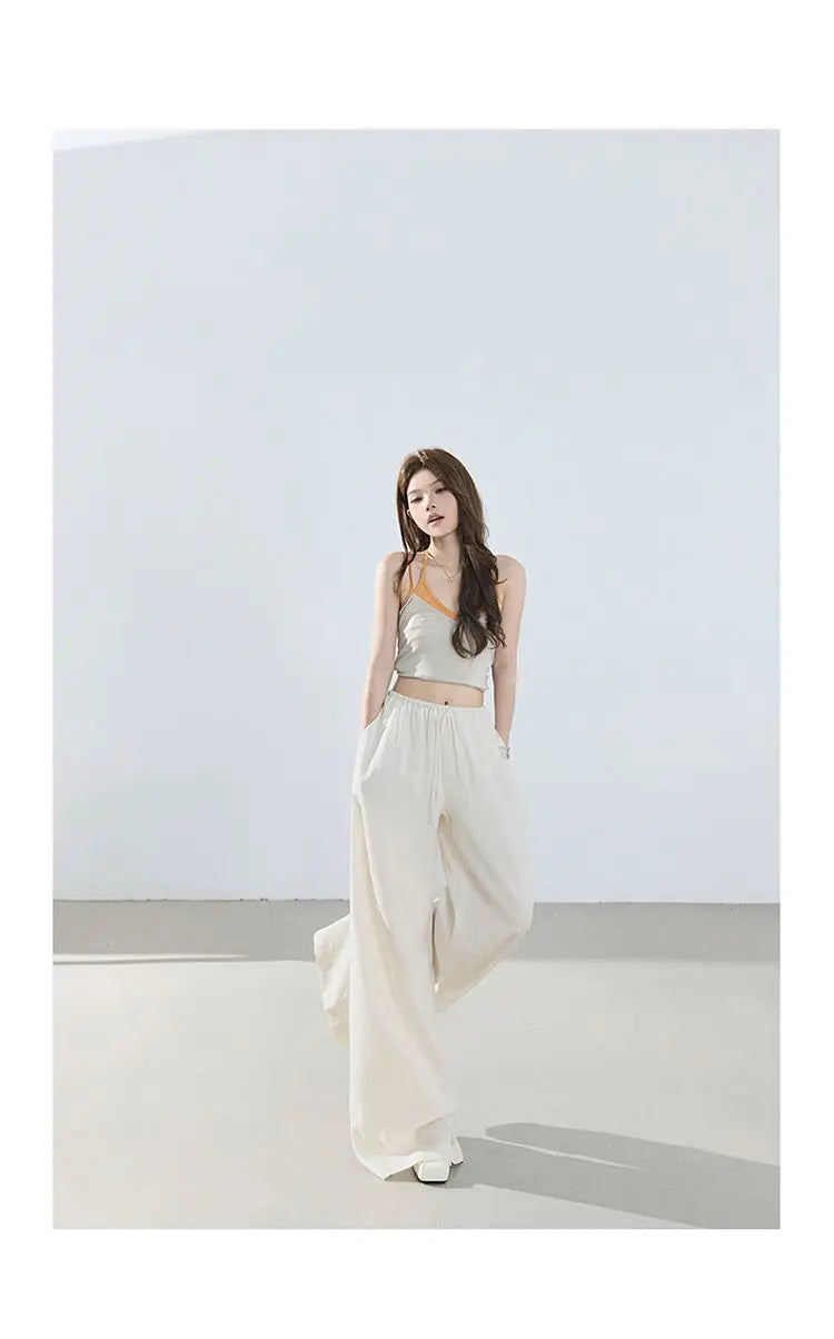 Loose wide-leg pants, classic style, drapey floor-length with drawstring, versatile thin linen straight casual pants for women