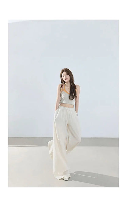 Loose wide-leg pants, classic style, drapey floor-length with drawstring, versatile thin linen straight casual pants for women