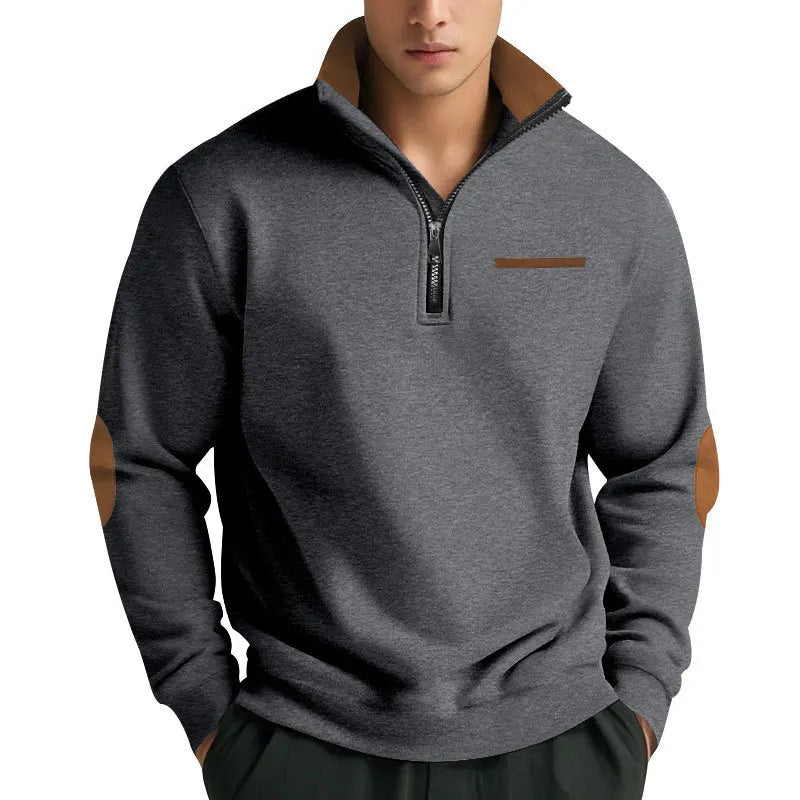 Men's Casual Sweatshirt American Style Autumn Winter Fleece Half-Zip Stand Collar Patchwork Color Block Henry Sweatshirt for Men