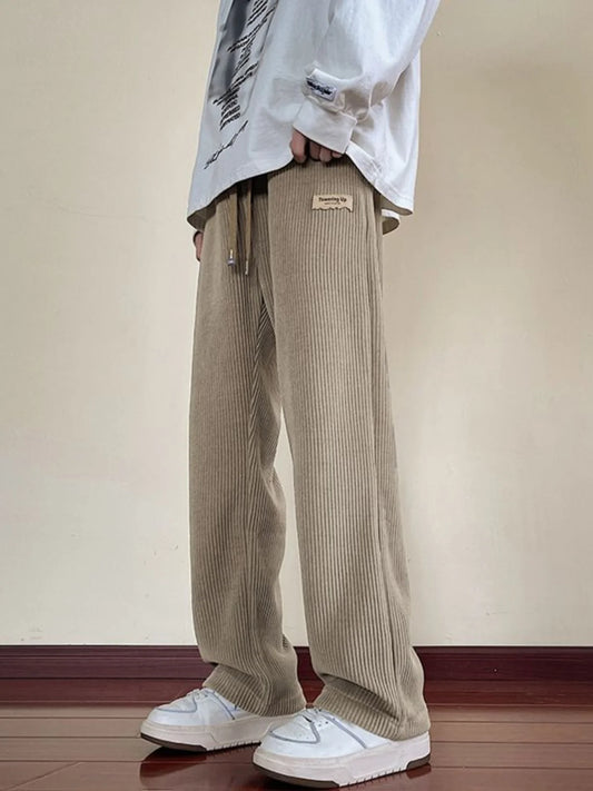 Men's Winter Thickened Fleece Lined Corduroy Wide Leg Sporty Casual Pants Loose Fit Straight Leg Long Trousers Fashionable Yo...