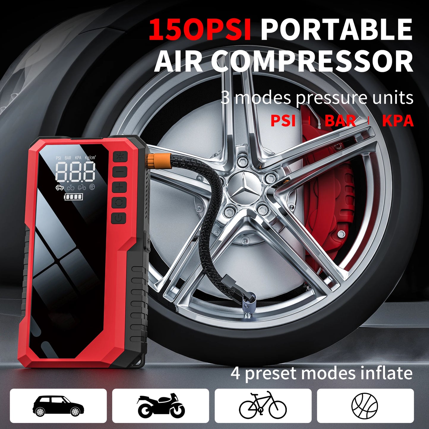 5000A Peak Car Jump Starter with 150PSI Air Compressor Portable Car Battery Booster Pack 12V Auto Starting Device for Gas/Diesel