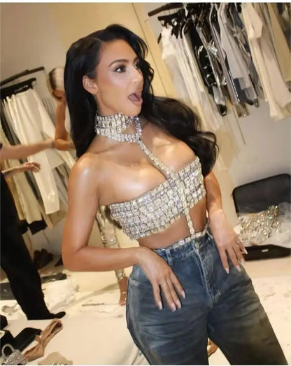 High Quality Stylish Item Super Shining Diamonds Fashionable Neck Chain Short Strapless Top Hot Sexy Woman Fashion Party Outfit