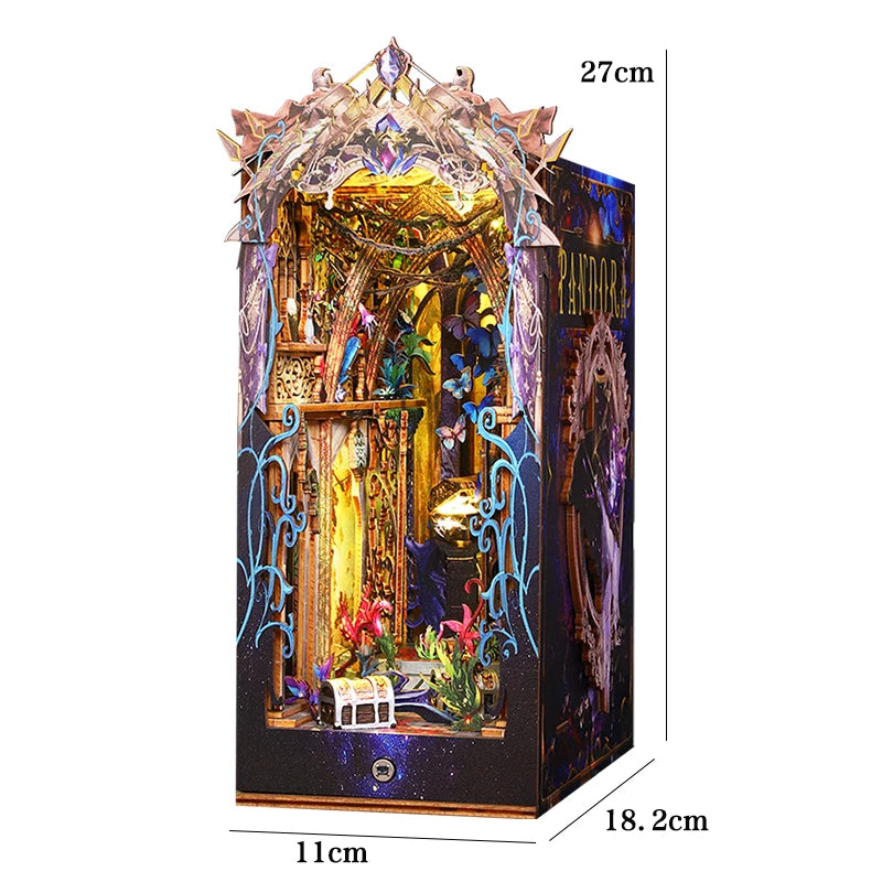 DIY Book Nook Shelf Insert Kit 3D Wooden Puzzle Doll House Assembly Building Model Bookends With Furniture LED Light Xmas Gifts
