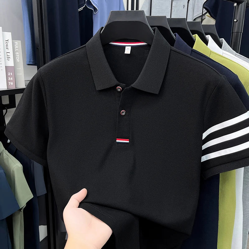 High End Luxury Men's Pure Cotton Short Sleeved Summer New Item 2026 Business Casual Daily Lapel T-shirt Striped Polo Shirt