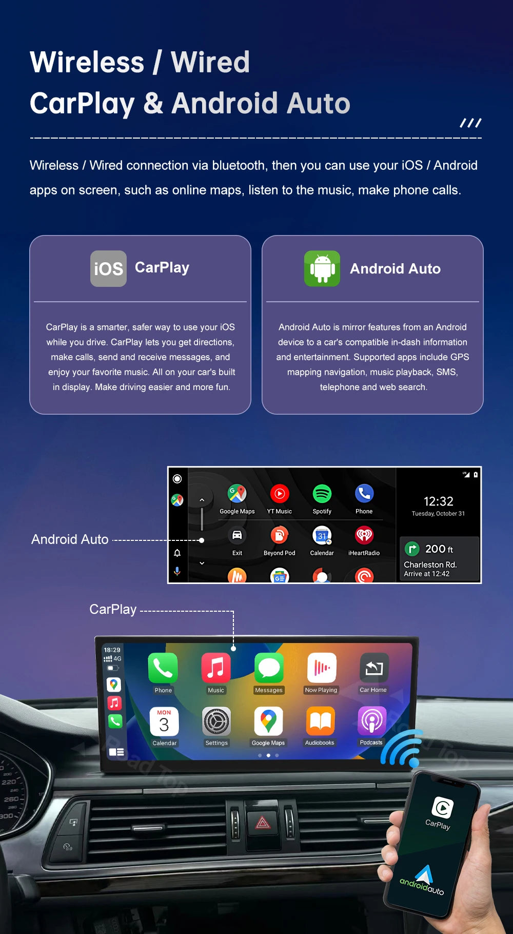 Road Top 12.3" Linux Screen For Audi A6 C6 A7 C7 2011-2018 with Wireless CarPlay Android Auto Airplay Car Radio Player