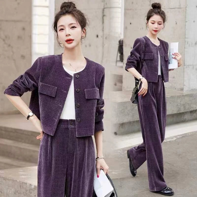 Fashionable Corduroy Set Women's Autumn Winter New Style Elegant Lady Fragrance Wind Coat Wide Leg Pants Two Piece Suit