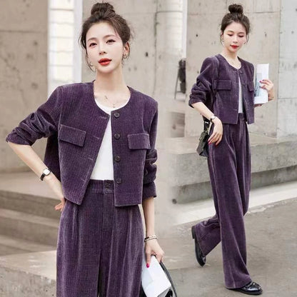 Fashionable Corduroy Set Women's Autumn Winter New Style Elegant Lady Fragrance Wind Coat Wide Leg Pants Two Piece Suit