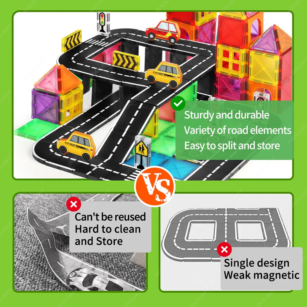 Magnetic City Road Building Set with Magnetic Signs & Toy Cars, Kids STEM Educational Toy. Safe Magnetic Blocks for Boys & Girls