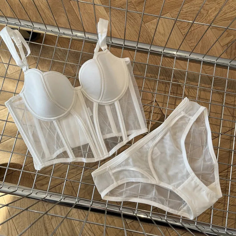 French Long Fishbone Mesh Patchwork Bra Set Slim Shaping Chest Lift Up Sexy Lingerie Outfit Soft Comfortable Underwear S-XL Suit