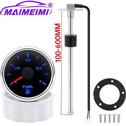 52mm Marine Boat Fuel Level Gauge 7-color backlight Digital pointer Fuel Gauge+100-500mm Fuel level sensor Digital car gauge