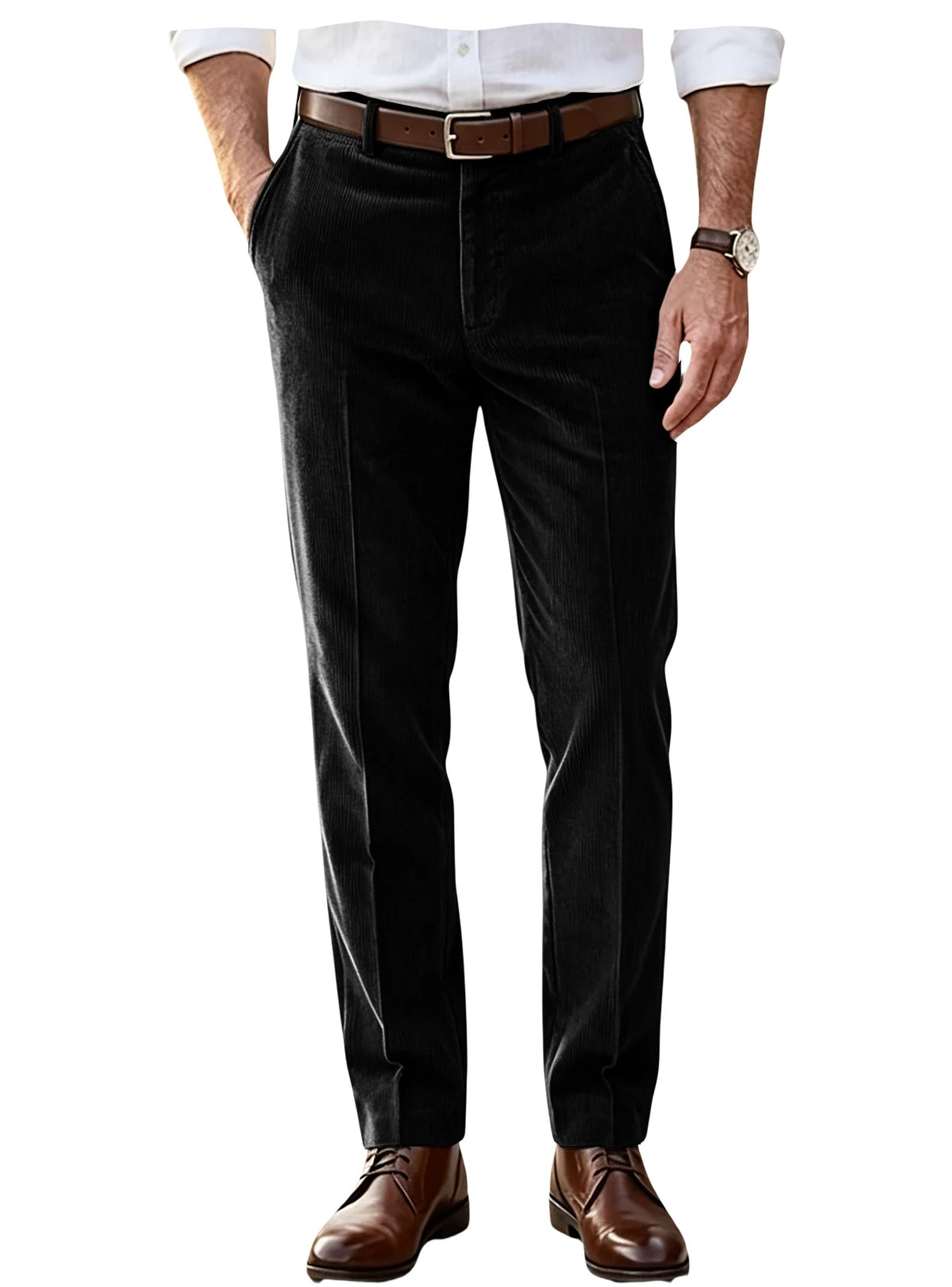 Men's Khaki Corduroy Pants Straight Leg Classic Fit Elastic Waist Comfort Wrinkle Resistant Formal Trousers For Business Office