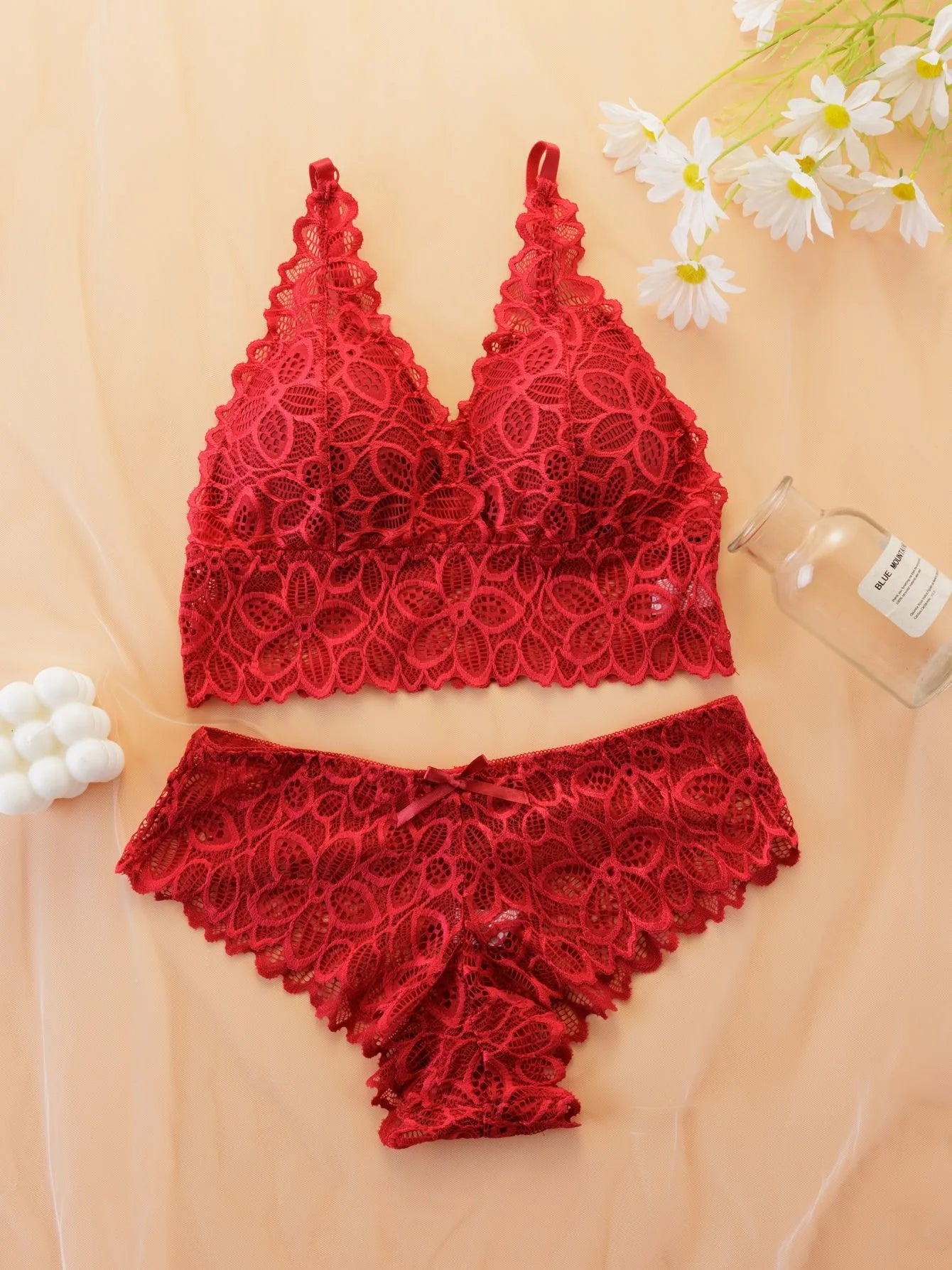 Women's Simple Contrast Lace Wireless Bra Bow Panty Set Adjustable Spaghetti Strap Bralette Knicker Wireless Bras Summer Clothes