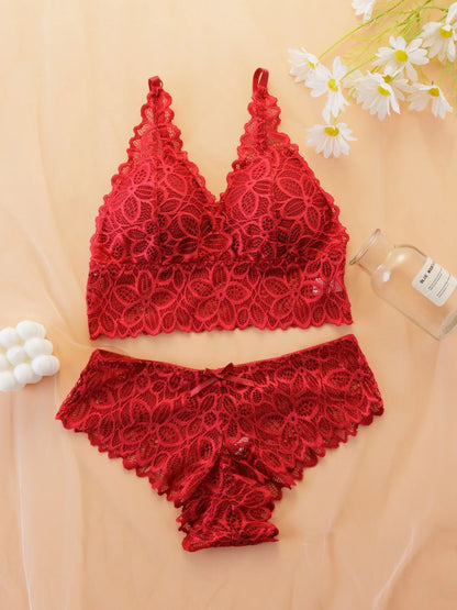 Women's Simple Contrast Lace Wireless Bra Bow Panty Set Adjustable Spaghetti Strap Bralette Knicker Wireless Bras Summer Clothes