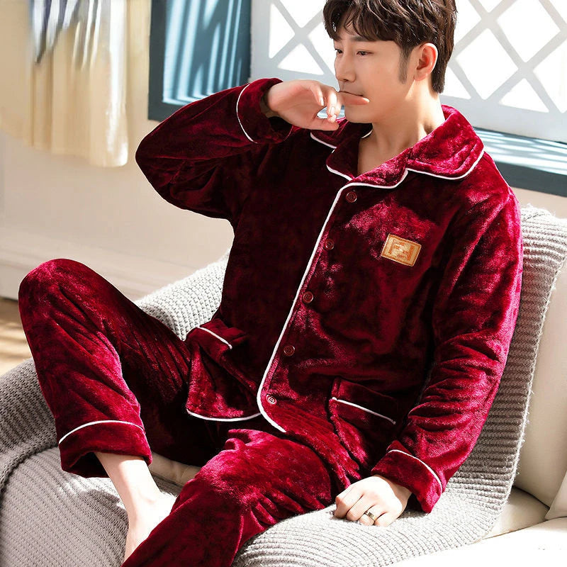 Pajama Sets Flannel Pajamas Men's Winter Thickening Warm Suit Long-sleeved Loose Home Clothes Autumn Cardigan
