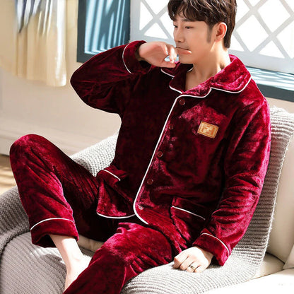 Pajama Sets Flannel Pajamas Men's Winter Thickening Warm Suit Long-sleeved Loose Home Clothes Autumn Cardigan