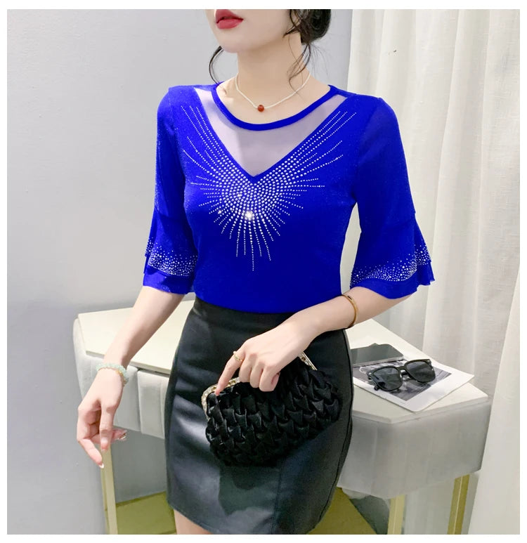 Sexy Hollow out Mesh Seven Quarter Sleeve Fashion Trend Summer T-Shirt Women Slimming Versatile Top Half Sleeve Small Shirt