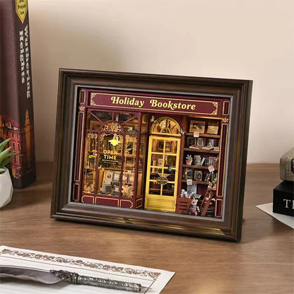 Book Nook Kit Holiday Bookstore DIY 3D Wooden Puzzle Dollhouse Photo frame ornament Model Bookend Building Home Decoration