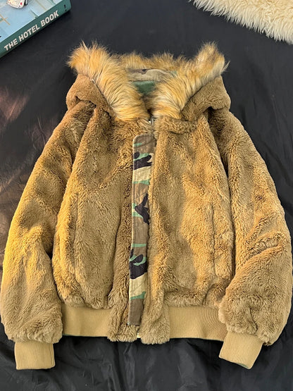 Thickened Faux Rabbit Fur Collar Camouflage Hooded Jacket Cotton Padded Coat for Men And Women Double-Sided Wear Youth Style
