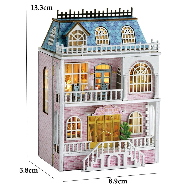 DIY Mini Wooden Doll House Assembly Building Model Pink Princess Villa Architecture Kit 3D Puzzle Dollhouse With Furniture Gifts