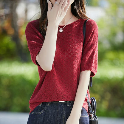 100% cotton ladies spring and summer comfortable round neck advanced design half sleeve pullover short sleeve blouse.