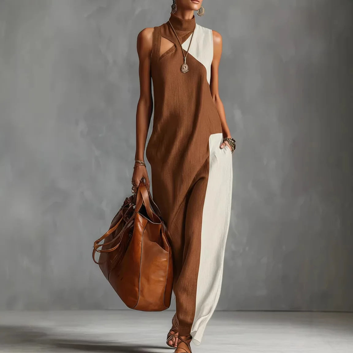 Bohemian Women's Long Dress Summer Color Block Beach Tank Dress Loose Casual High Neck Cutout Maxi Dresses Streetwear Colthing