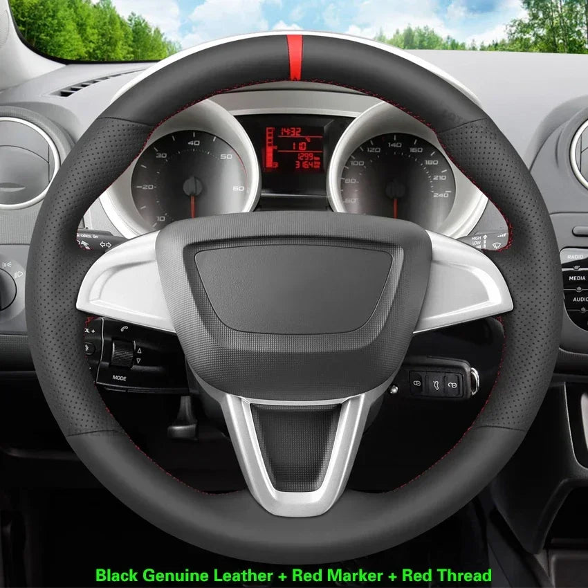 Black Faux Leather Car Steering Wheel Cover for Seat Ibiza (6J) 2008-2015 MII 2013-2020