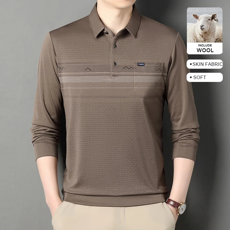 Luxury Wool Blend Fabric Men's Long Sleeve Polo Soft Touch For Father Years Classic Business Staple With Utility Focus