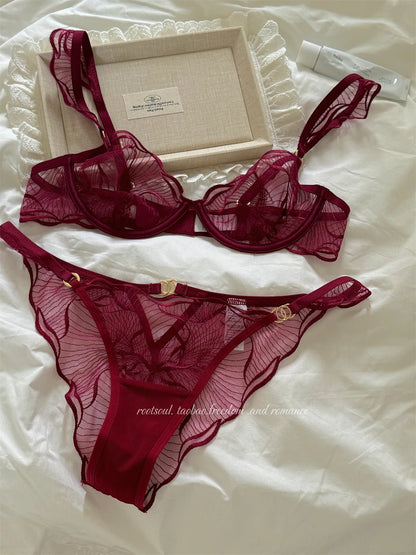 Sexy French Flower Embroidery Lace Bra Set Pure Desire Ultra Thin Push Up Wirefree Comfort Romantic Niche Bralette S-XL MOYISU