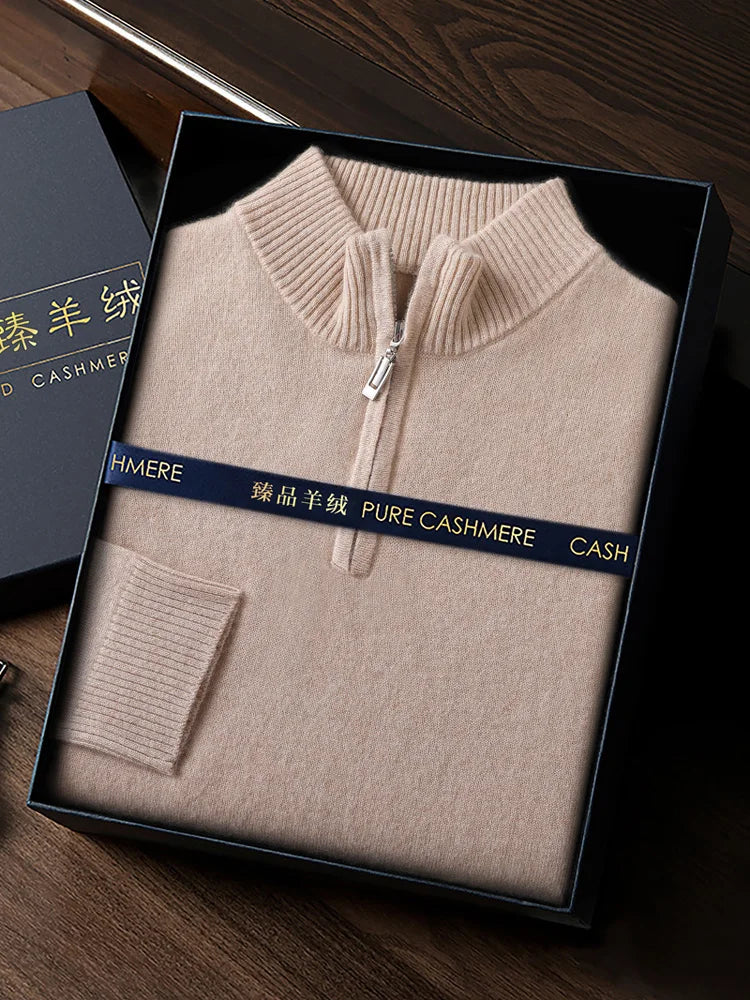 CHICUU Men's 100% Cashmere Sweater Zipper Pullover Mock Neck Long Sleeve Basic Cashmere Knitwear Autumn Winter Clothing Tops