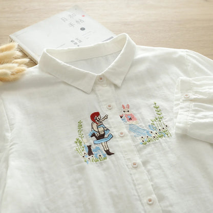 Women's blouses trend 2026 loose cotton yarn white cartoon girl embroider shirts and blouses Japan style 3/4 sleeves top
