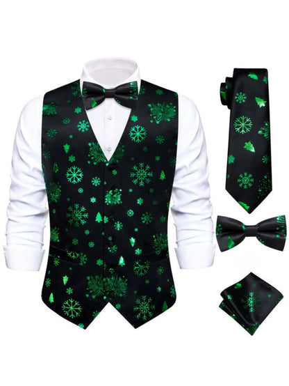 Men's Christmas Print Vest 4-Piece Set: Vest, Tie, Bow Tie & Pocket Square, Black, Red, Green for Holiday Parties