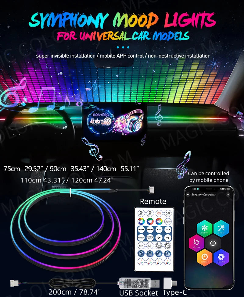 Vgetting 140/55.1inch Car Ambient Lights 2in1 Universal LED Symphony RGB Atmosphere Lamp USB APP Remote for Tesla Model 3 Y S X