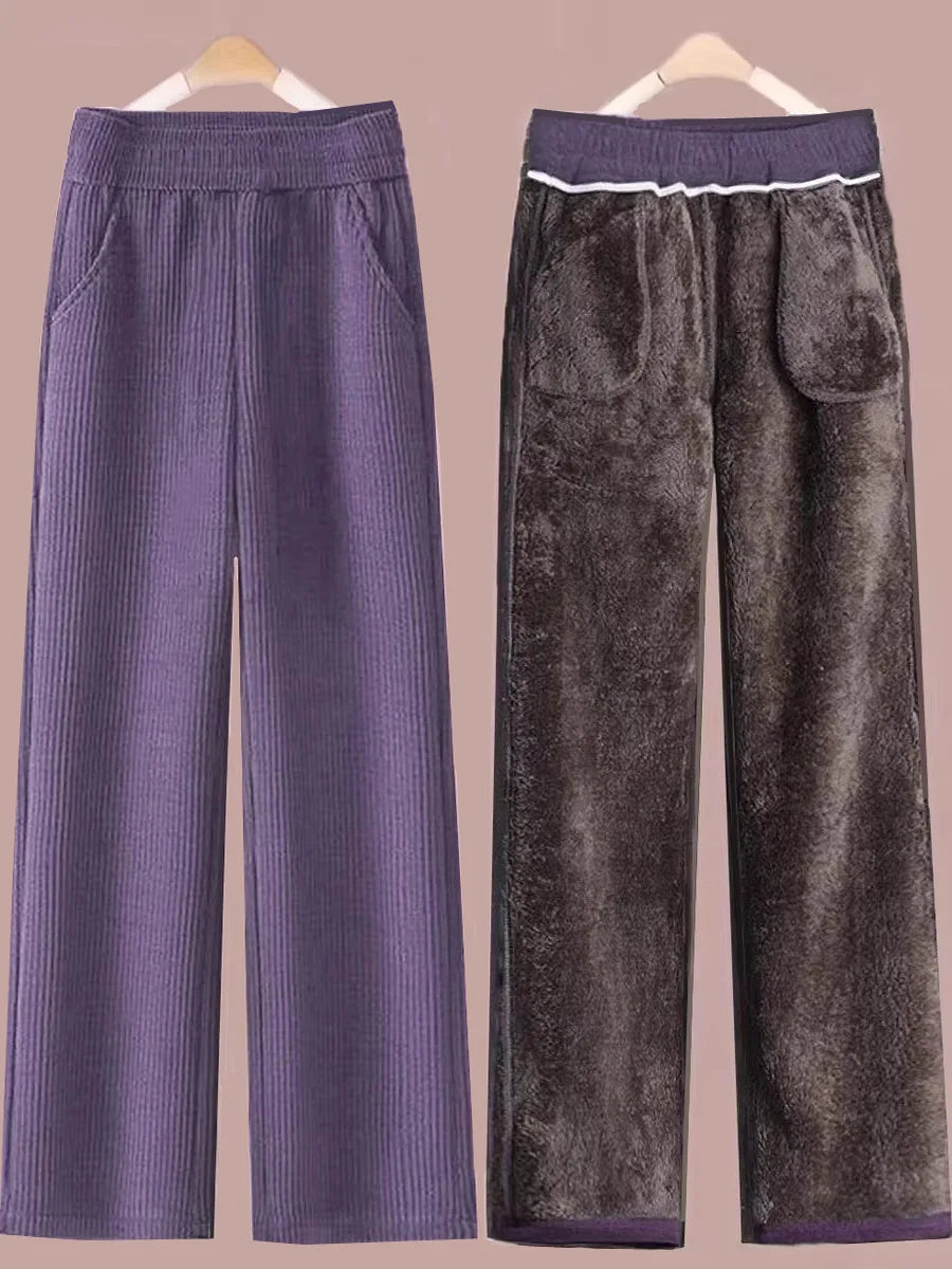 Fleece Lined Thick Corduroy High Waist Wide Leg Pants Women's Autumn Winter New Style Drapey Mom Straight Leg Trousers Trendy