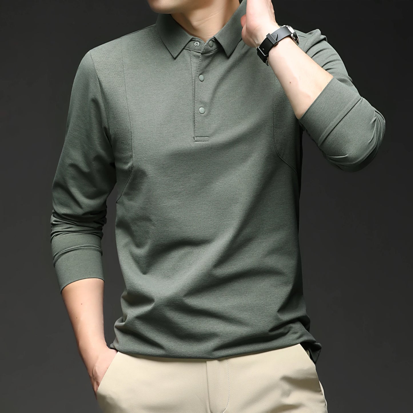 High-end 2026 New Polo Shirt for Men's Top Versatile Casual Business Style Solid Color Long-sleeved Lapel T-shirt Lapel  Shirt