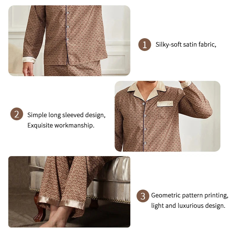 Men's Satin Pajama Home Clothes Suit Autumn Long Sleeve Button-Down Tops & Pants Sleepwear 2 Pieces Man Pyjama Loungewear Pj Set