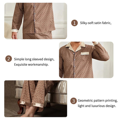 Men's Satin Pajama Home Clothes Suit Autumn Long Sleeve Button-Down Tops & Pants Sleepwear 2 Pieces Man Pyjama Loungewear Pj Set