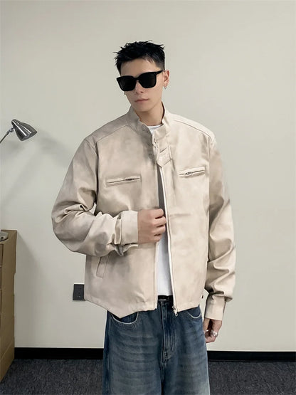 American Retro Street Motorcycle Leather Jacket Men's Trendy Brand Handsome Small Shoulder Pad Stand Collar Marrow Jacket Coat
