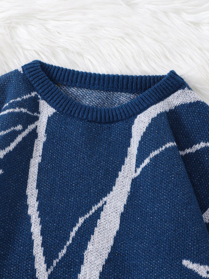 Street Graffiti Pattern Pullover Sweater, Casual Round-Neck Knit Men's Pullover, Suitable for Everyday Wear, Unisex Top for Going Out, Regular Fit, Suitable for Autumn and Winter