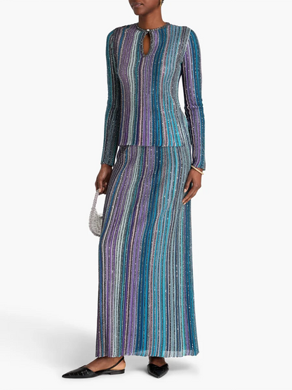 VGH Elegant Stylish Striped Knit Two Piece Set for Women Slimming Long Sleeve Pullovers Pleated Skirt Outfit for Cocktail Events