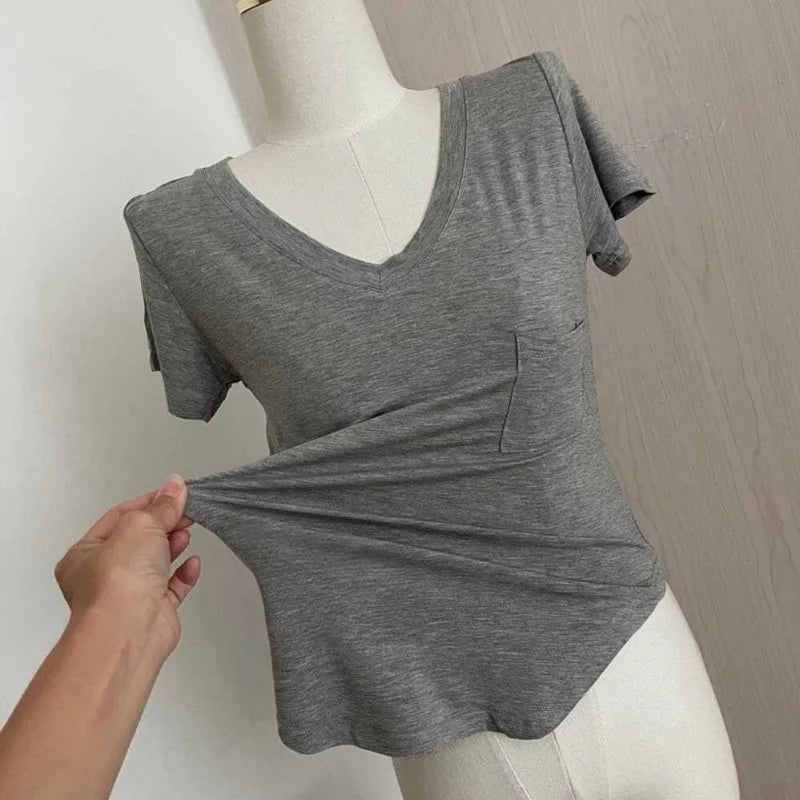 Women's Solid Color T-Shirt Summer Thin Fashion V-Neck Short Sleeve Loose Tees Casual Korean Soft Basic Top For Women