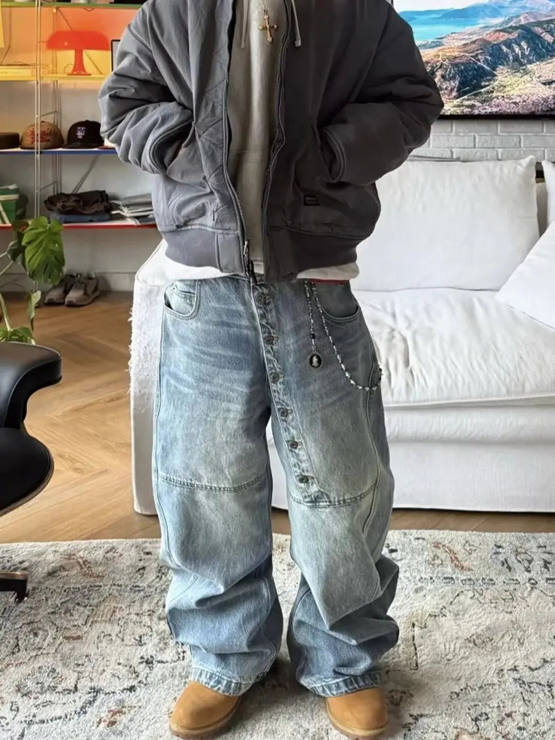 American Retro Long Row Button Design Jeans Loose Wide Leg Floor-Length Trousers for Men And Women High Street Fashion