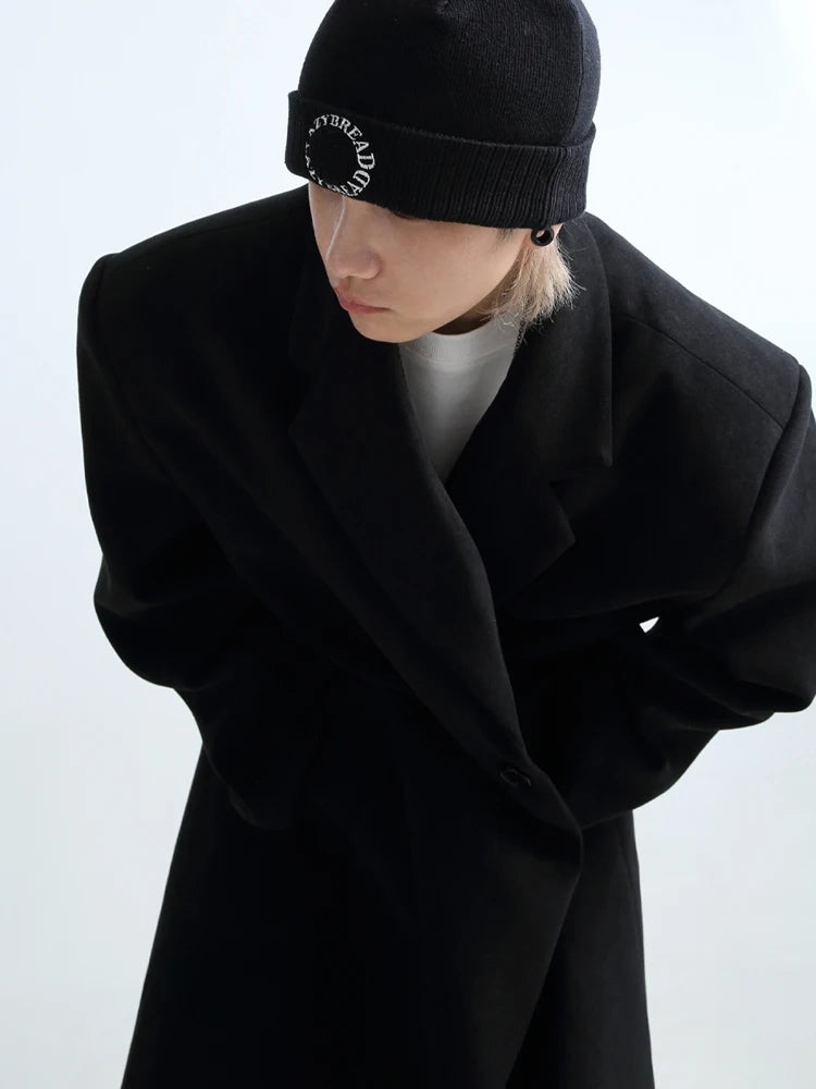 Mauroicardi Autumn Winter Long Oversized Warm Soft Black Trench Coat Men with Shoulder Pads Loose Casual Korean Fashion Overcoat