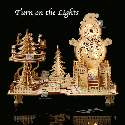 3D Wooden Puzzle Christmas Amusement Park Deer Carriage Music Box with Light Assembly Toy DIY Model Decoration for Gifts